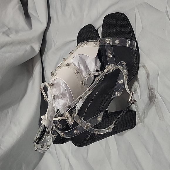 Shoe Republic LA Guinea Lucite Studded & Black Block Heels Sandals - Picture 6 of 7